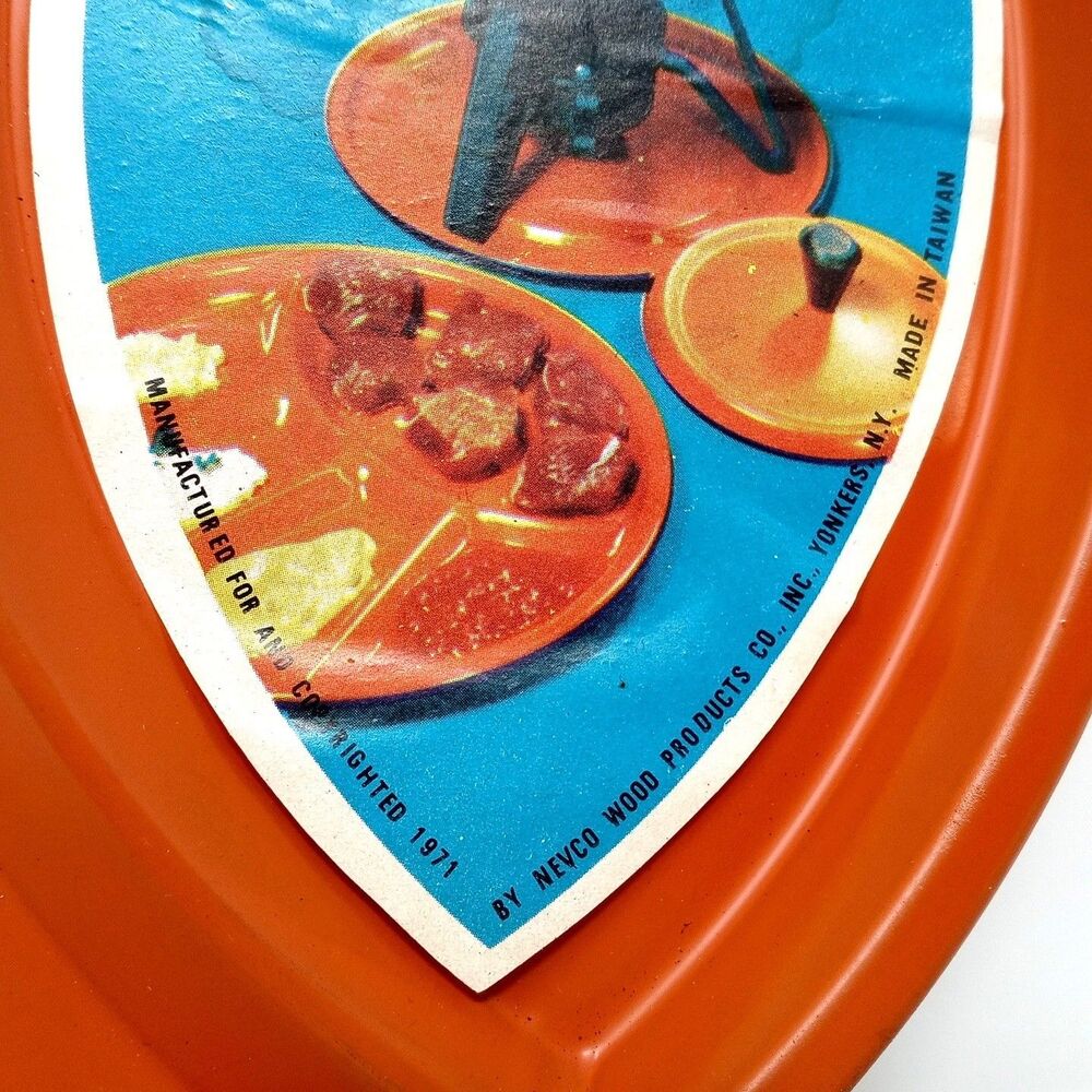 NEW Vintage 70s Nevco MCM Fondue Plates Divided Enamel 9.25" Orange & Green Set - Picture 3 of 9